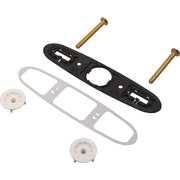 Black and white base plates with two white circular escutcheons and two brass mounting bolts for Delta pull-out faucet instal