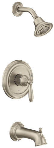 Brushed nickel shower head with curved arm and matching valve trim with single lever handle.