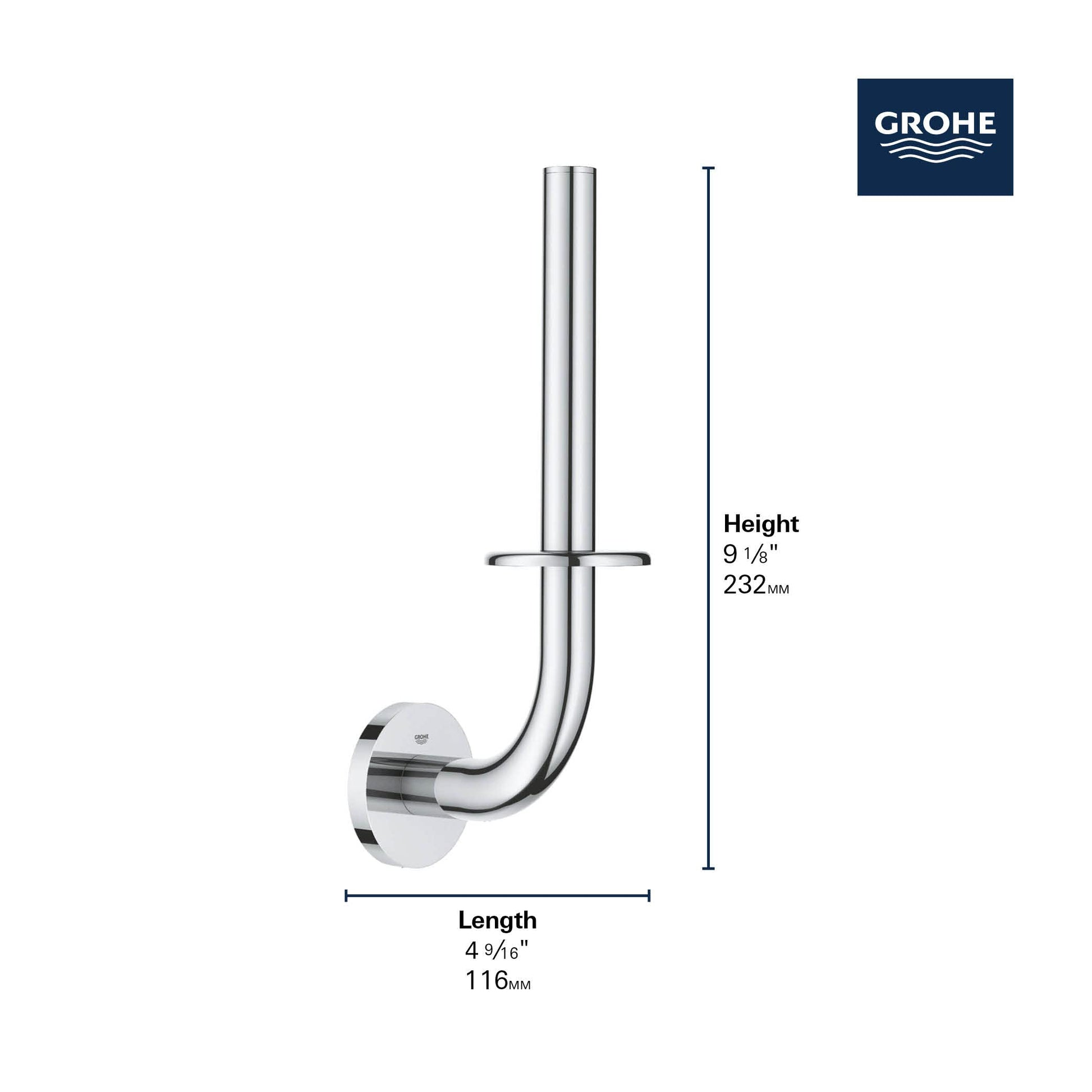 Grohe Essentials matte black spare paper holder with curved metal arm and circular wall mount.