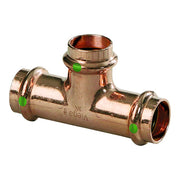 Copper press tee fitting with three open ends and green indicator bands on each connection point.