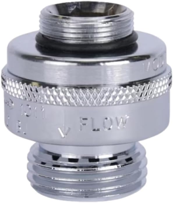 Chrome vacuum breaker with threaded connections and textured grip band.