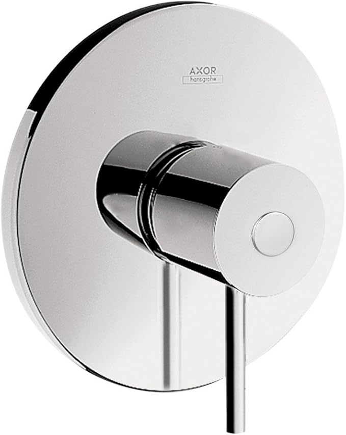 Chrome pressure balance shower valve trim with circular escutcheon plate, cylindrical handle, and AXOR branding.