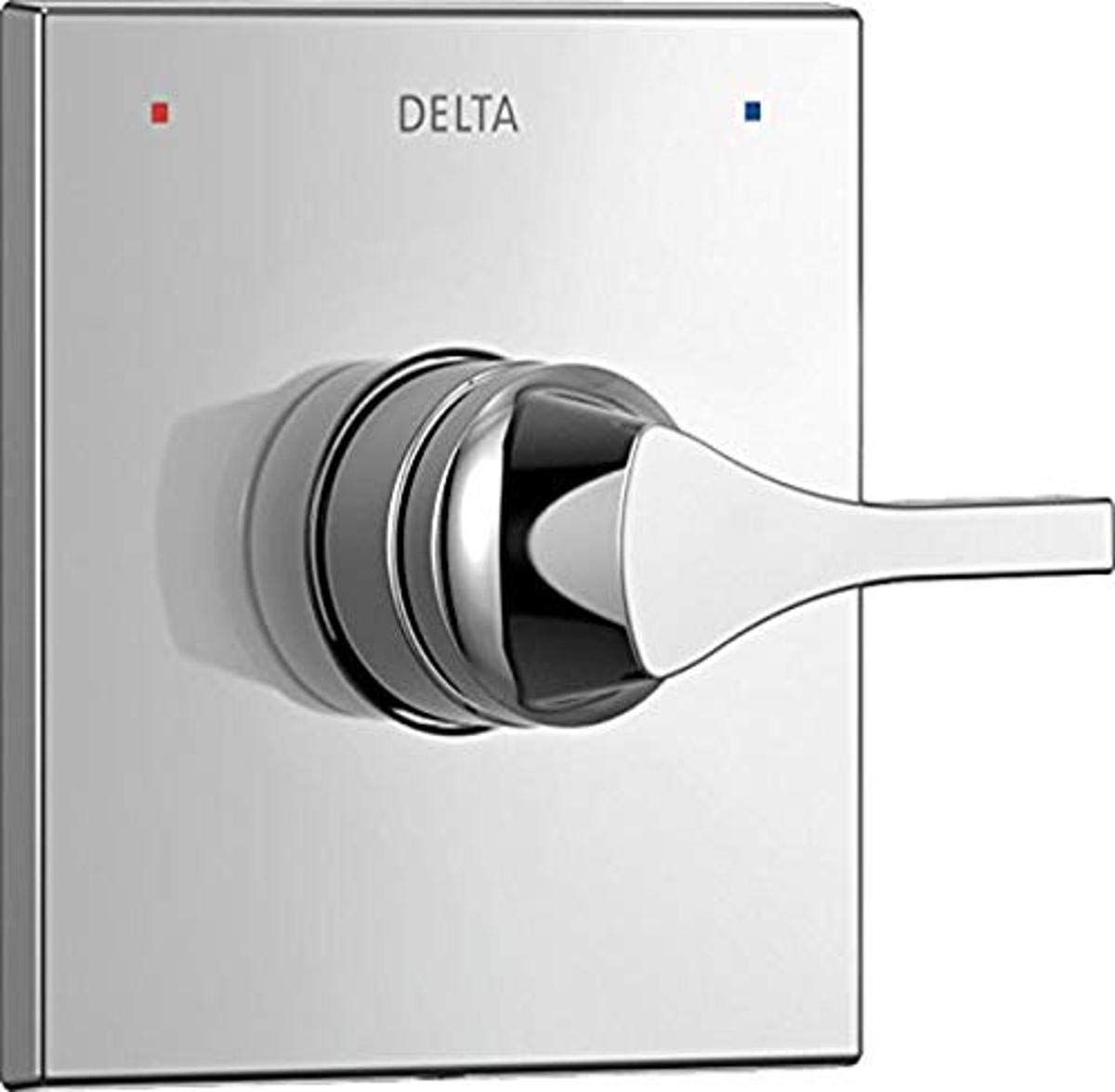 Delta Zura Monitor 14 Series valve trim with single lever handle, red and blue temperature indicator dots, and brushed metal 