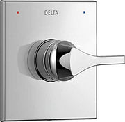 Delta Zura Monitor 14 Series valve trim with single lever handle, red and blue temperature indicator dots, and brushed metal 