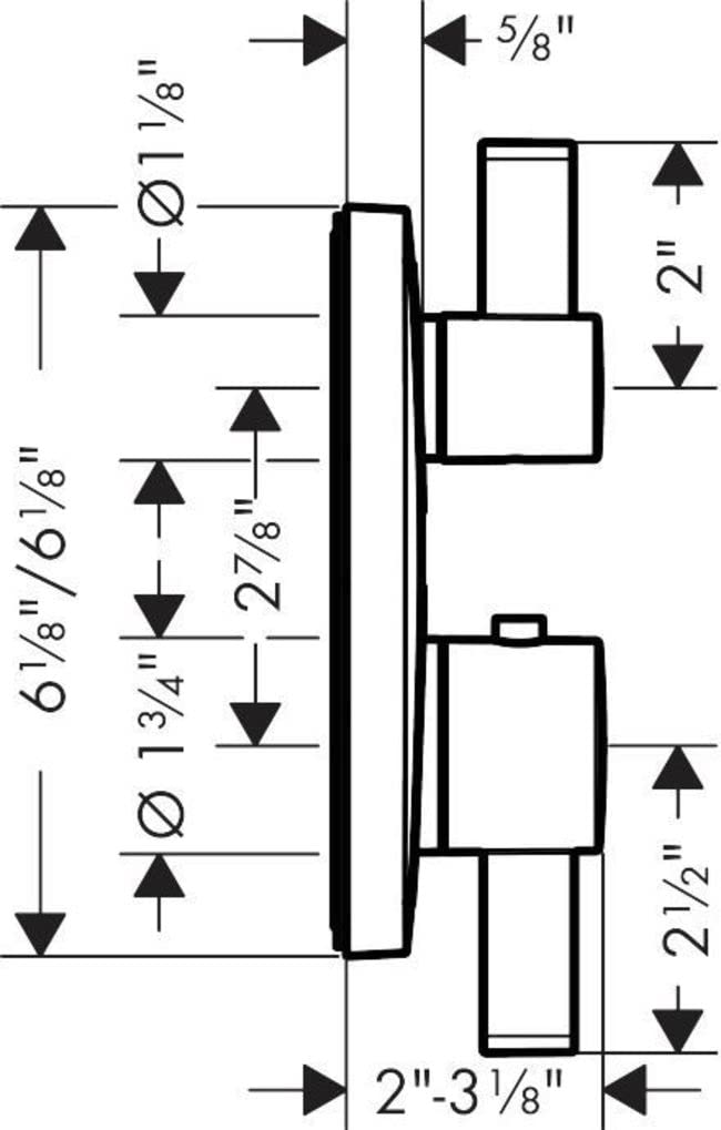Technical schematic diagram showing cross-section and dimensions of thermostatic valve trim with control handles and mounting