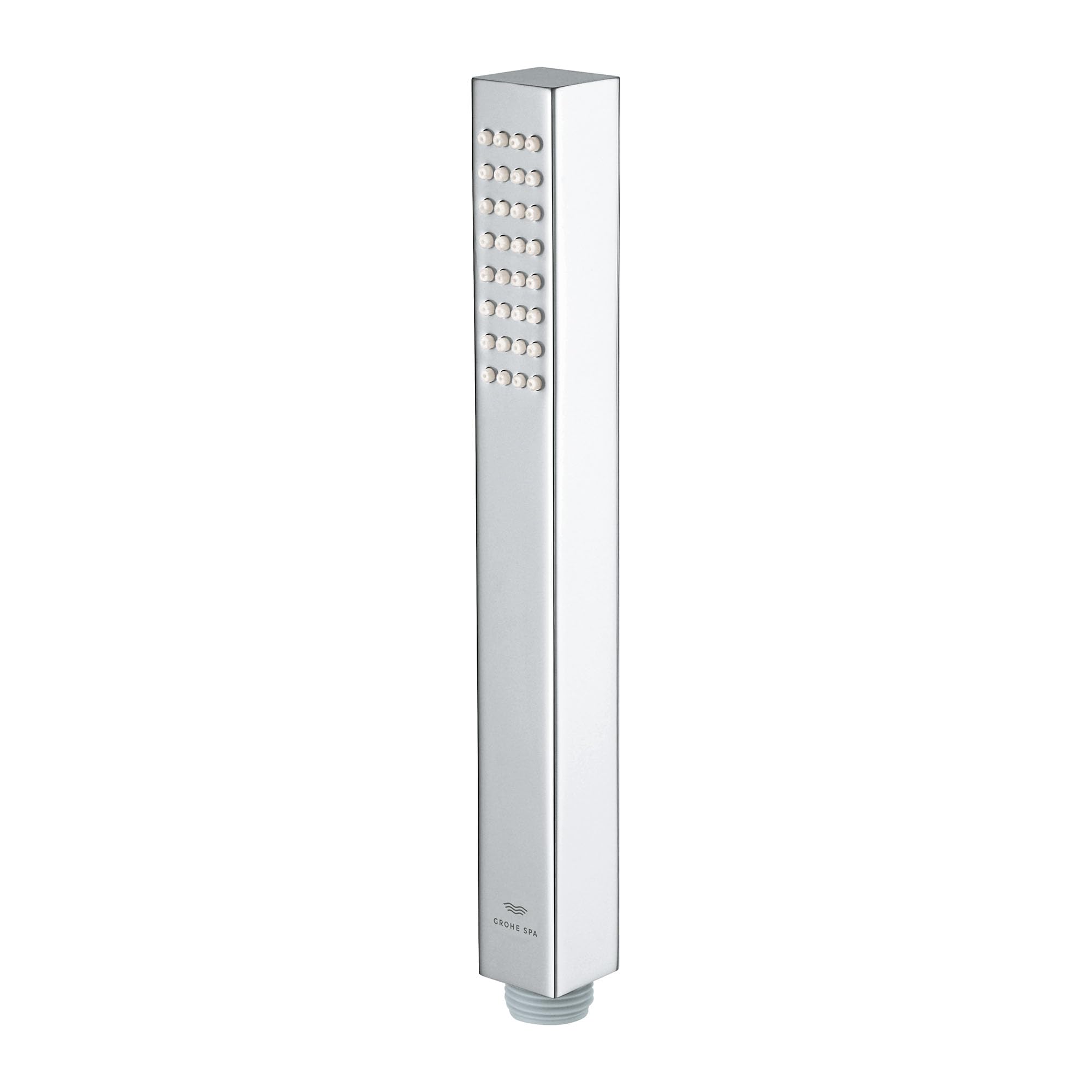 Chrome rectangular hand shower with multiple spray nozzles arranged in rows and connector fitting at base.