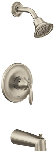 Brushed nickel tub and shower trim kit with single lever handle, showerhead, and tub spout.