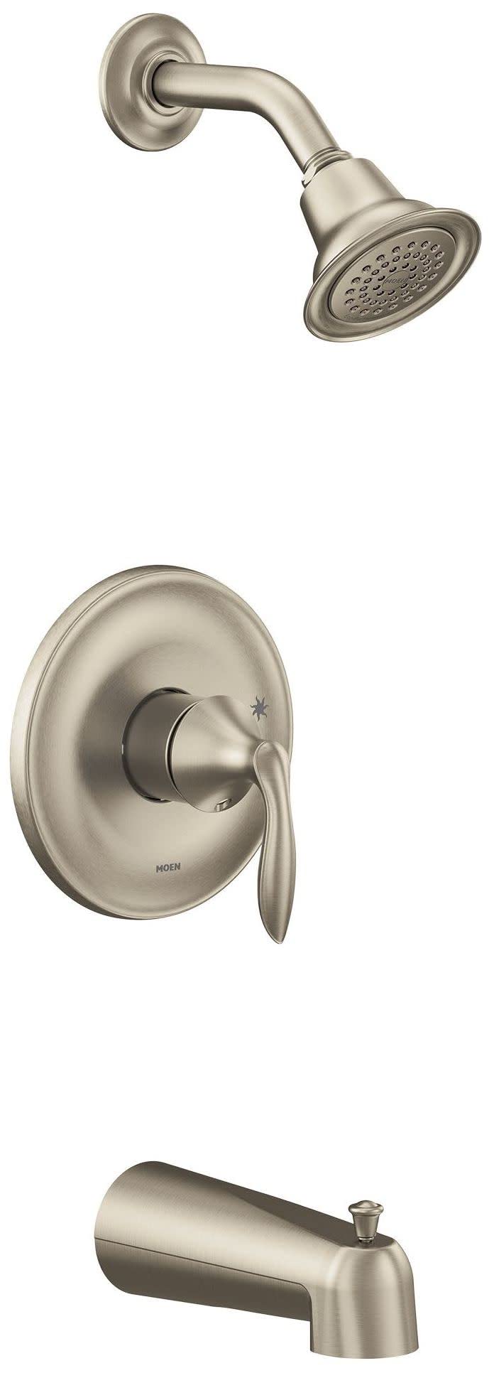 Brushed nickel tub and shower trim kit with single lever handle, showerhead, and tub spout.