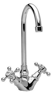 Tall arching faucet with dual cross handles and pulldown spray head in polished chrome finish.