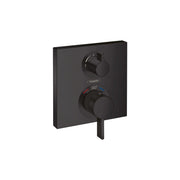 Matte black square thermostatic trim plate with upper volume control knob and lower temperature dial marked 100°.