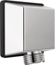 Chrome square wall elbow with threaded male connection for hand shower installation.