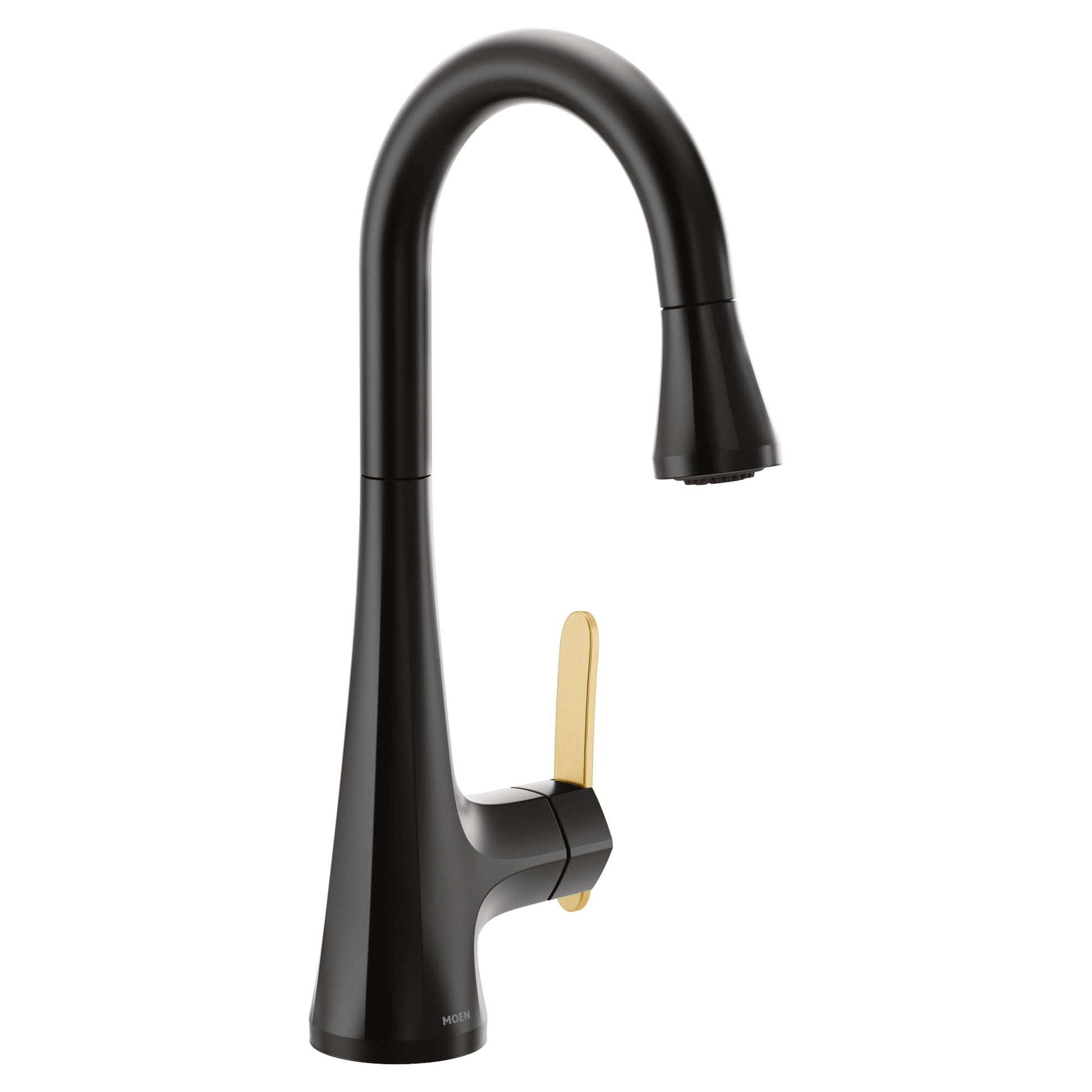 Matte black single-handle pulldown kitchen faucet with high arc spout and gold lever handle.