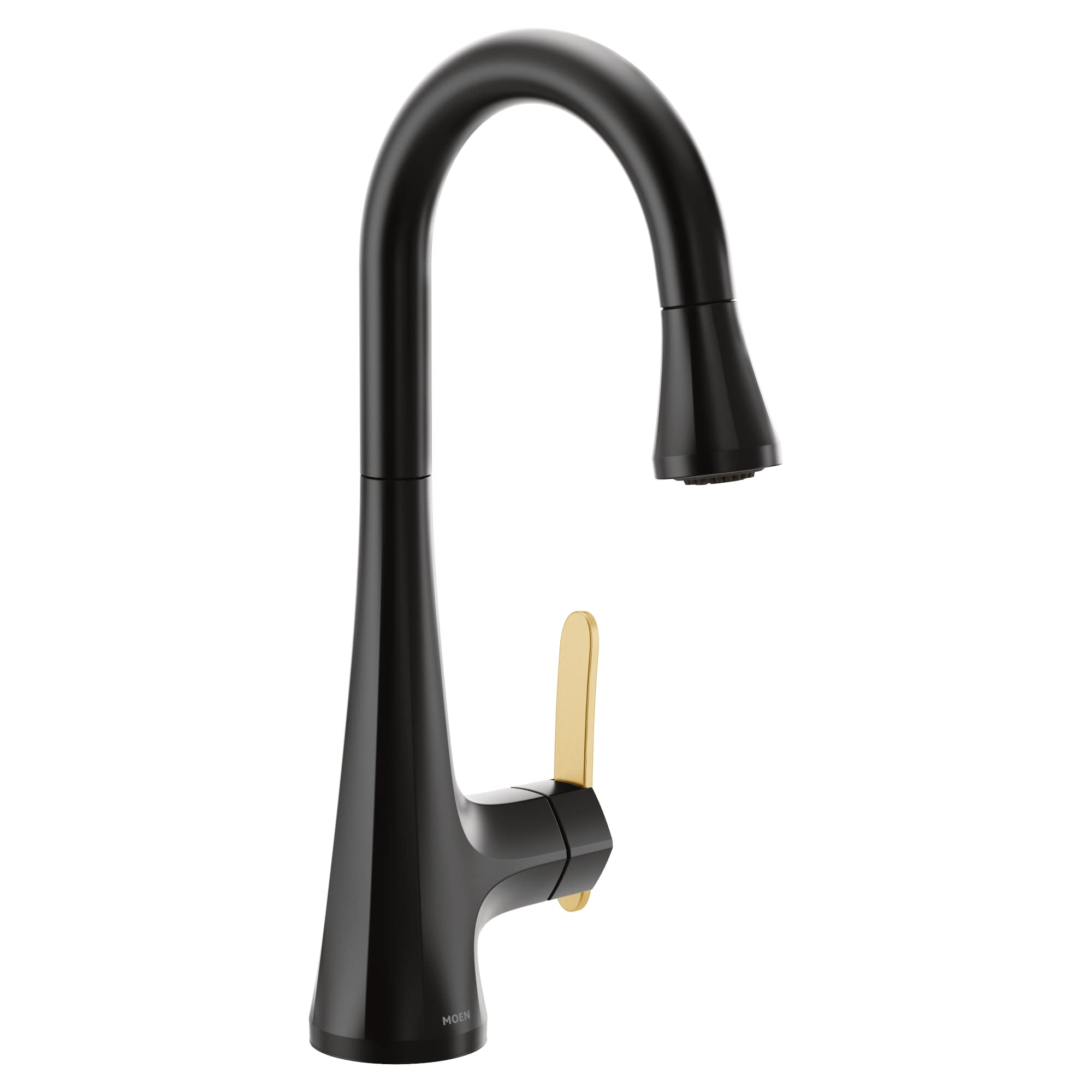 Matte black single-handle pulldown kitchen faucet with high arc spout and gold lever handle.