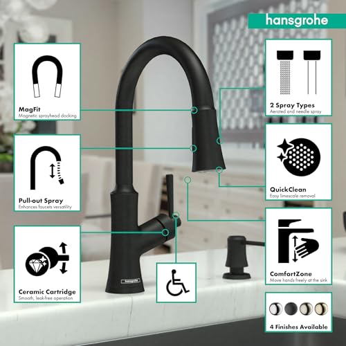 Matte black high-arc kitchen faucet with pull-down spray head and matching soap dispenser.