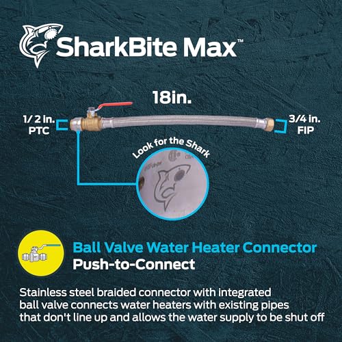 Stainless steel braided water heater connector with push-to-connect and FIP ports, integrated ball valve, 18 inches long.