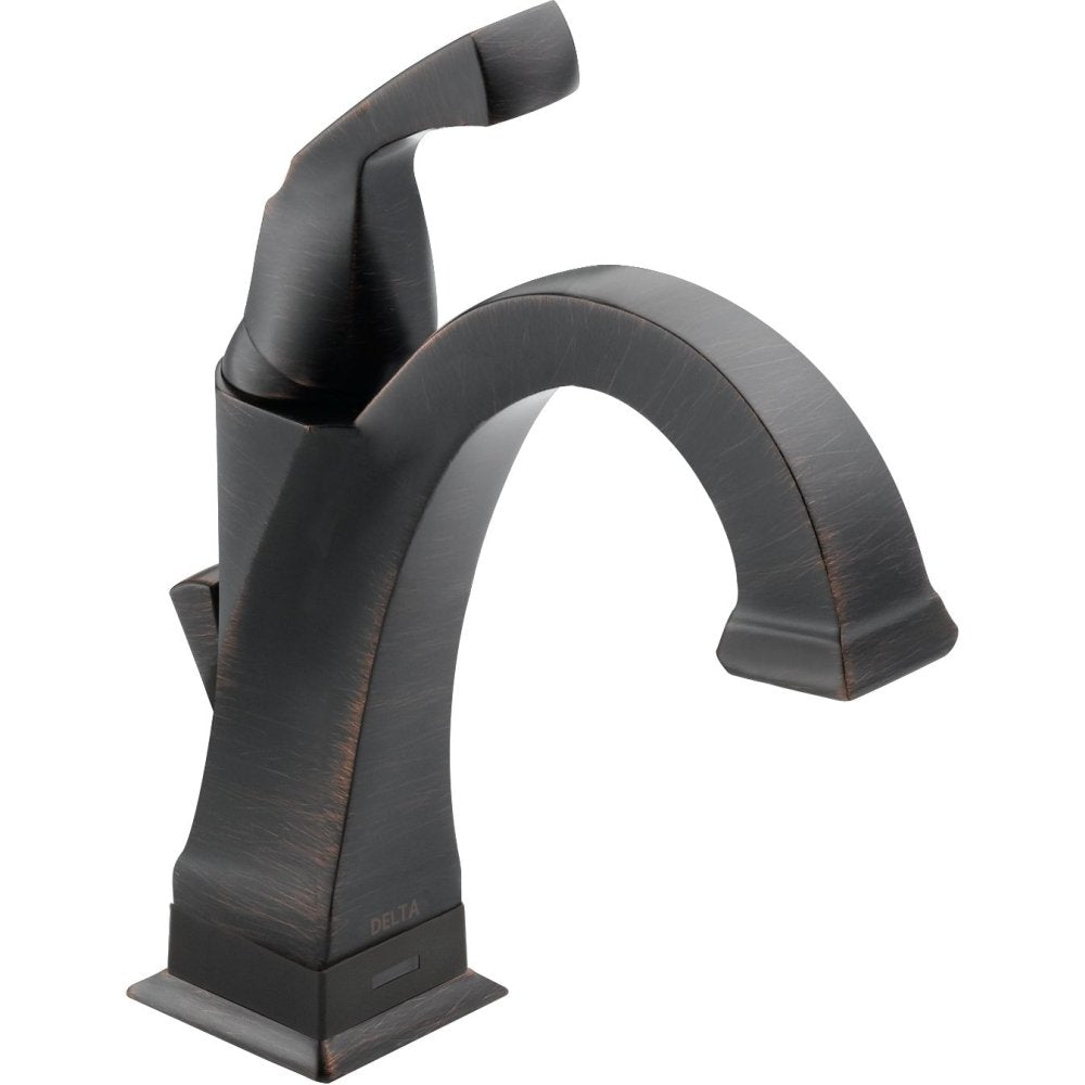 Black bathroom faucet with curved spout, single handle, and square base.