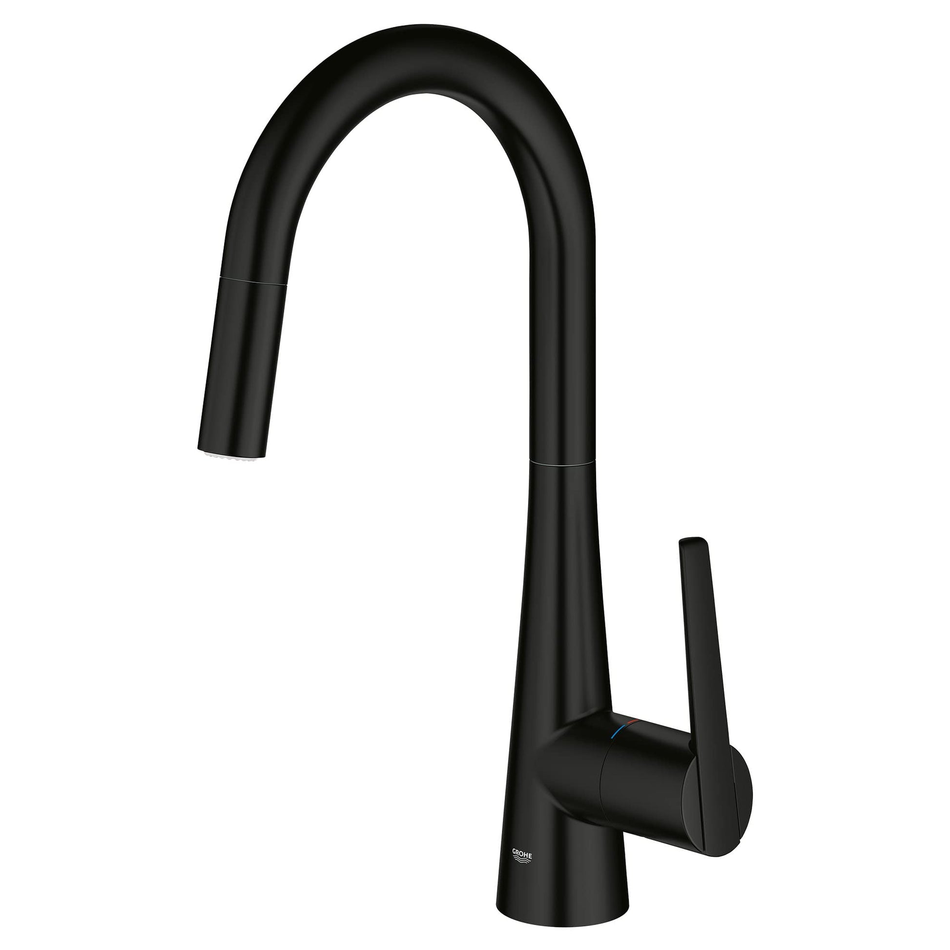 Matte black single-handle kitchen faucet with arched pull-down spout and lever handle.