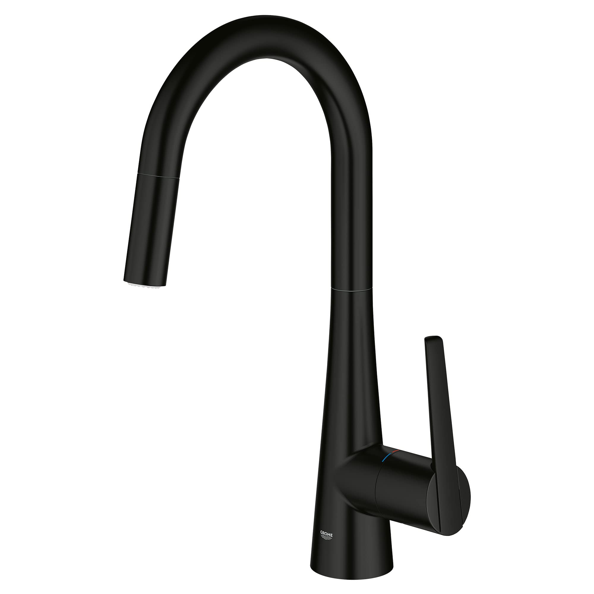 Matte black single-handle kitchen faucet with arched pull-down spout and lever handle.