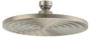 Brushed nickel round shower head with multiple spray nozzles and brass connector fitting.