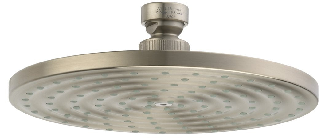 Brushed nickel round shower head with multiple spray nozzles and brass connector fitting.