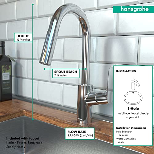 Hansgrohe brushed gold pull-down kitchen faucet with curved spout and single handle over dark countertop.