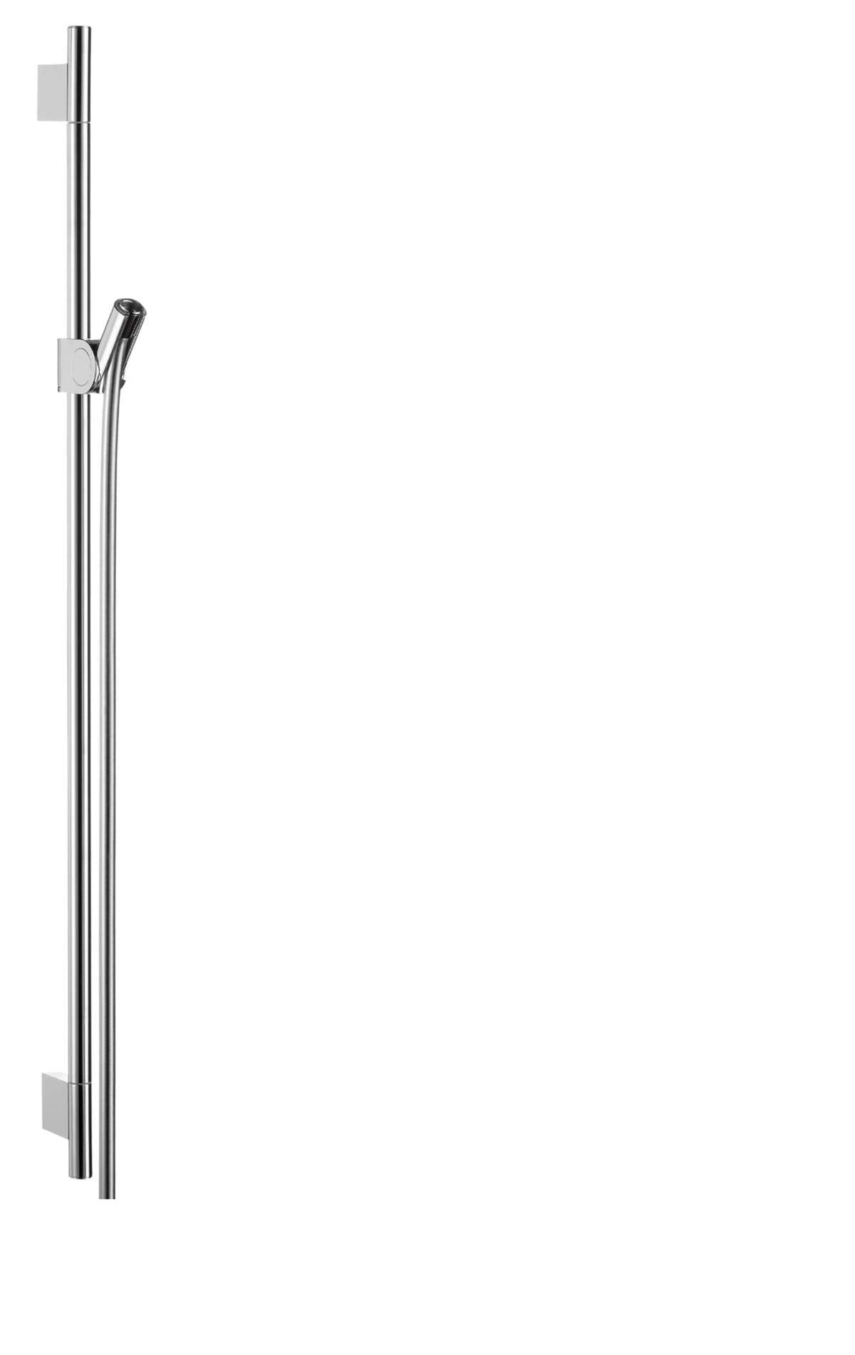 Chrome vertical wallbar with handheld shower head holder and two square mounting plates.