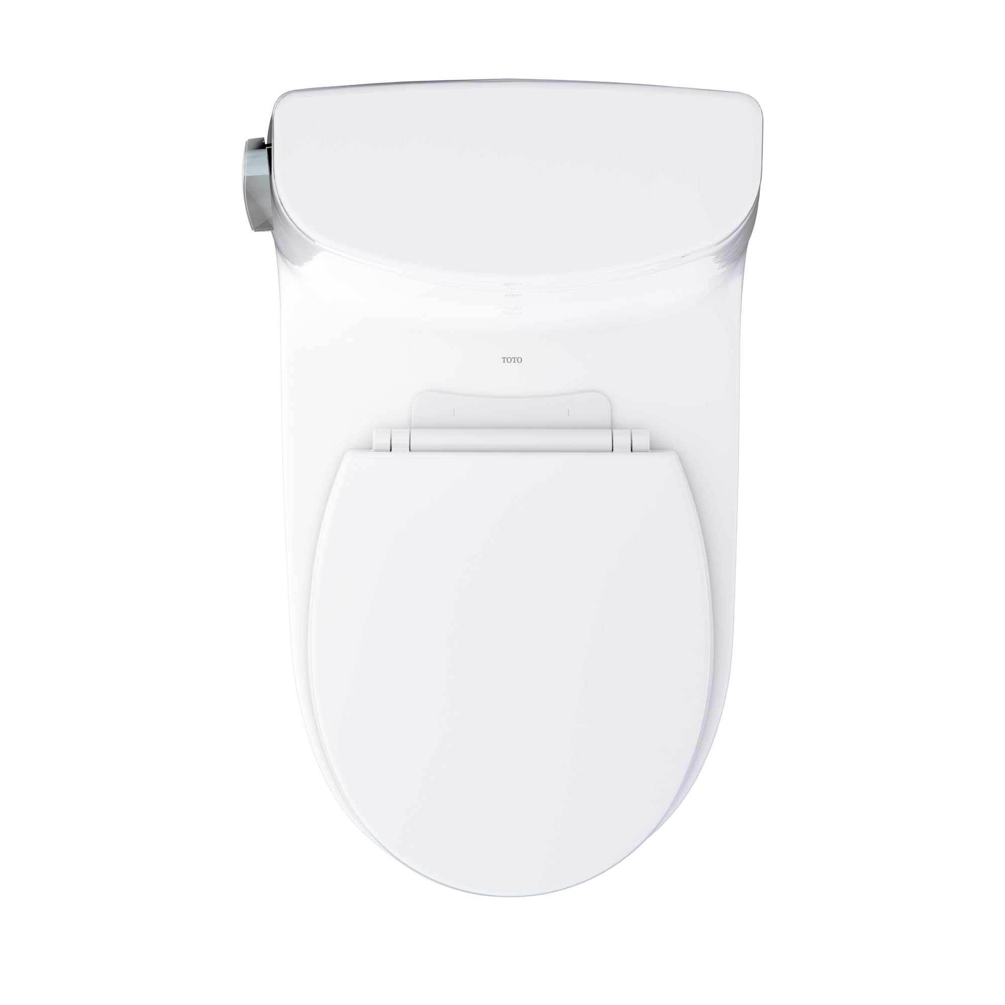 Cotton white one-piece toilet with closed lid, tank, and chrome side handle shown from above.