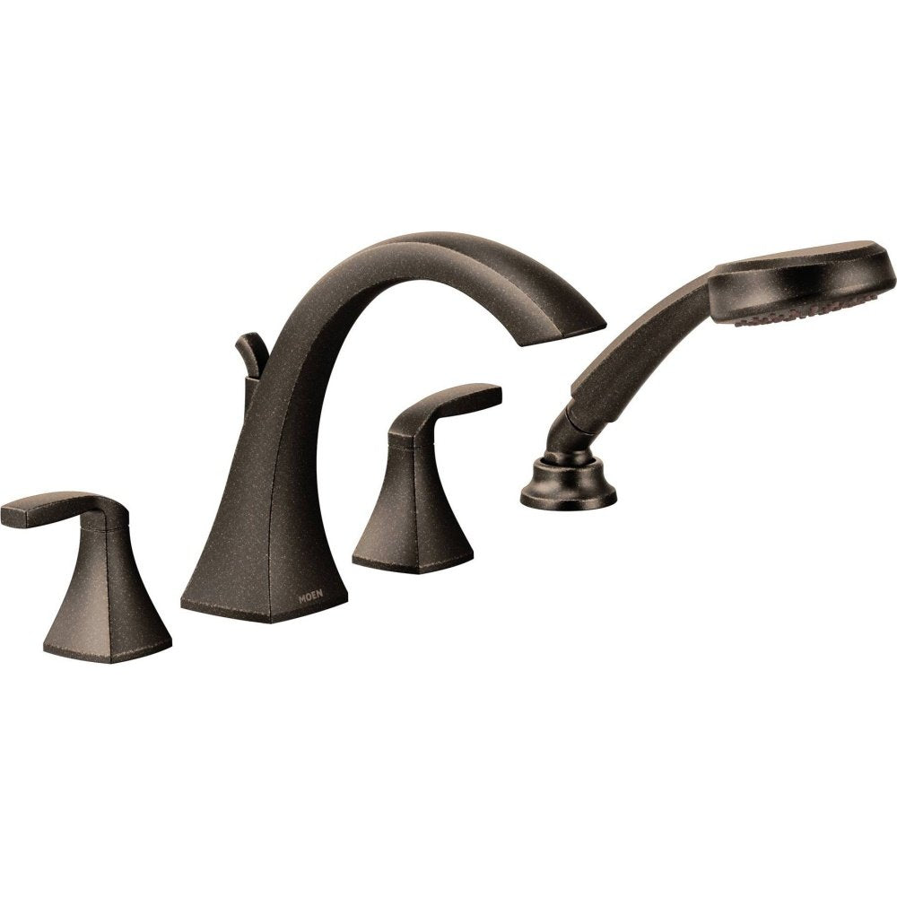 Bronze roman tub faucet with curved central spout, two lever handles, and detachable handheld showerhead.