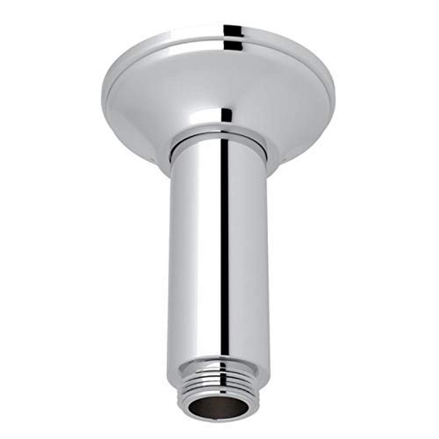 Polished chrome ceiling mount shower arm with round escutcheon and threaded outlet connection.