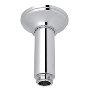 Polished chrome ceiling mount shower arm with round escutcheon and threaded outlet connection.