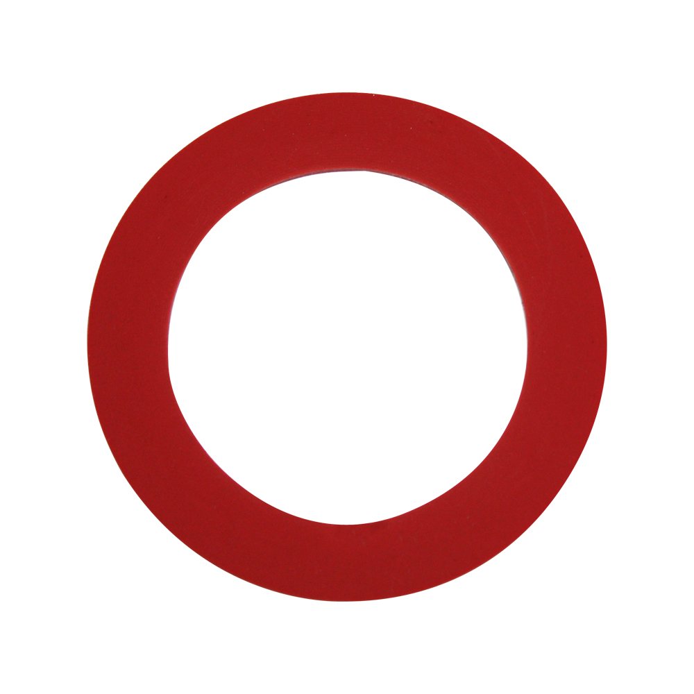 Red rubber flush valve seal ring with hollow center.