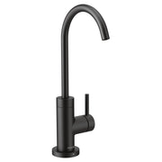 Moen Sip matte black modern cold water kitchen faucet with curved spout and single lever handle.