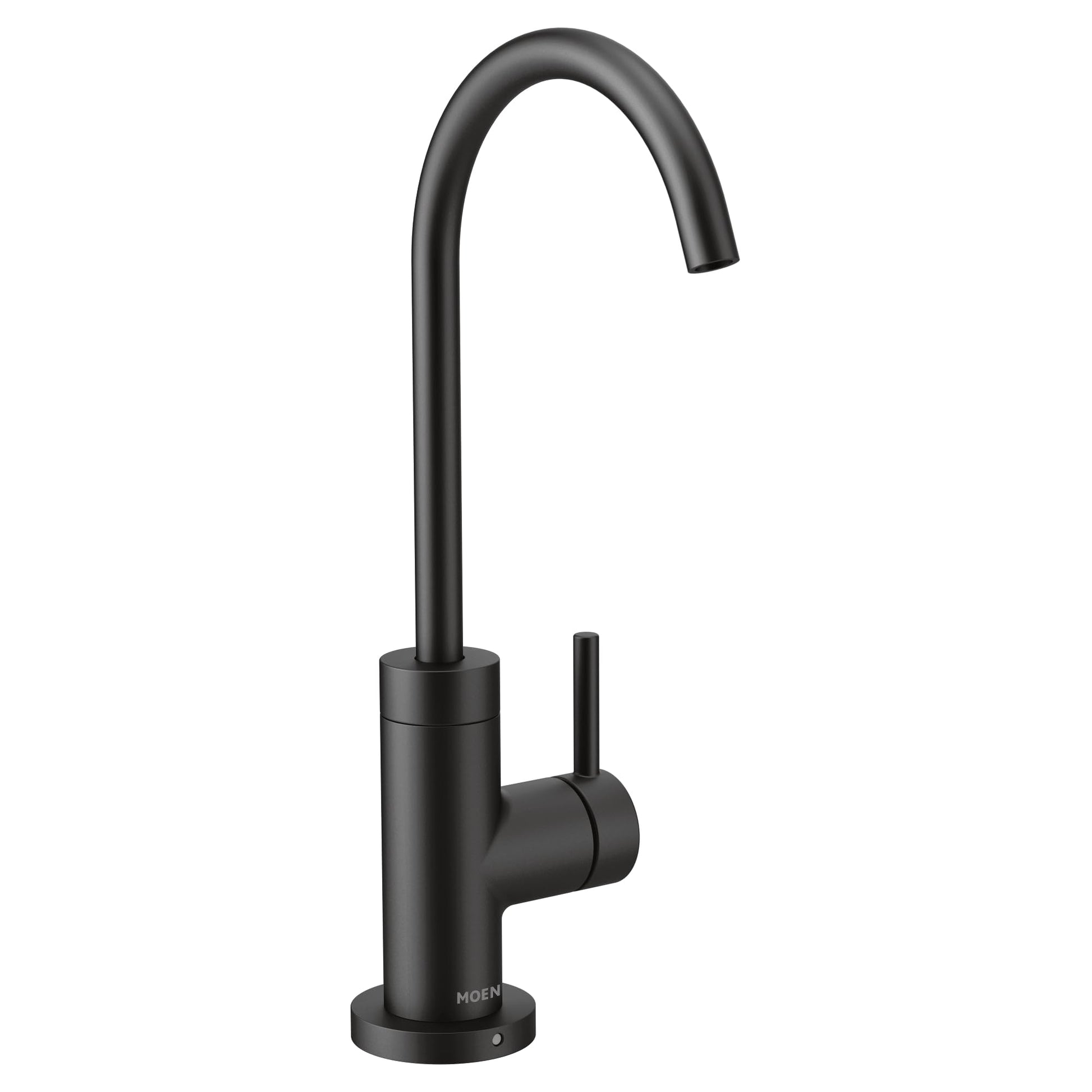 Moen Sip matte black modern cold water kitchen faucet with curved spout and single lever handle.