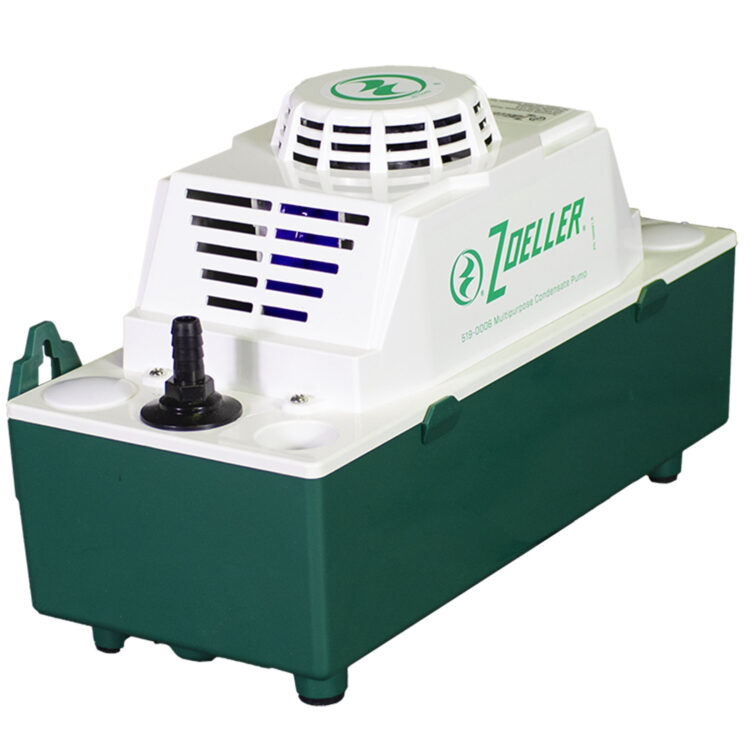 Zoeller white and green condensate pump with vent grille, outlet port, and carry handles on rectangular basin.