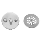 Polished chrome trip lever faceplate with central knob and screw holes, paired with matching grid strainer plate with circula