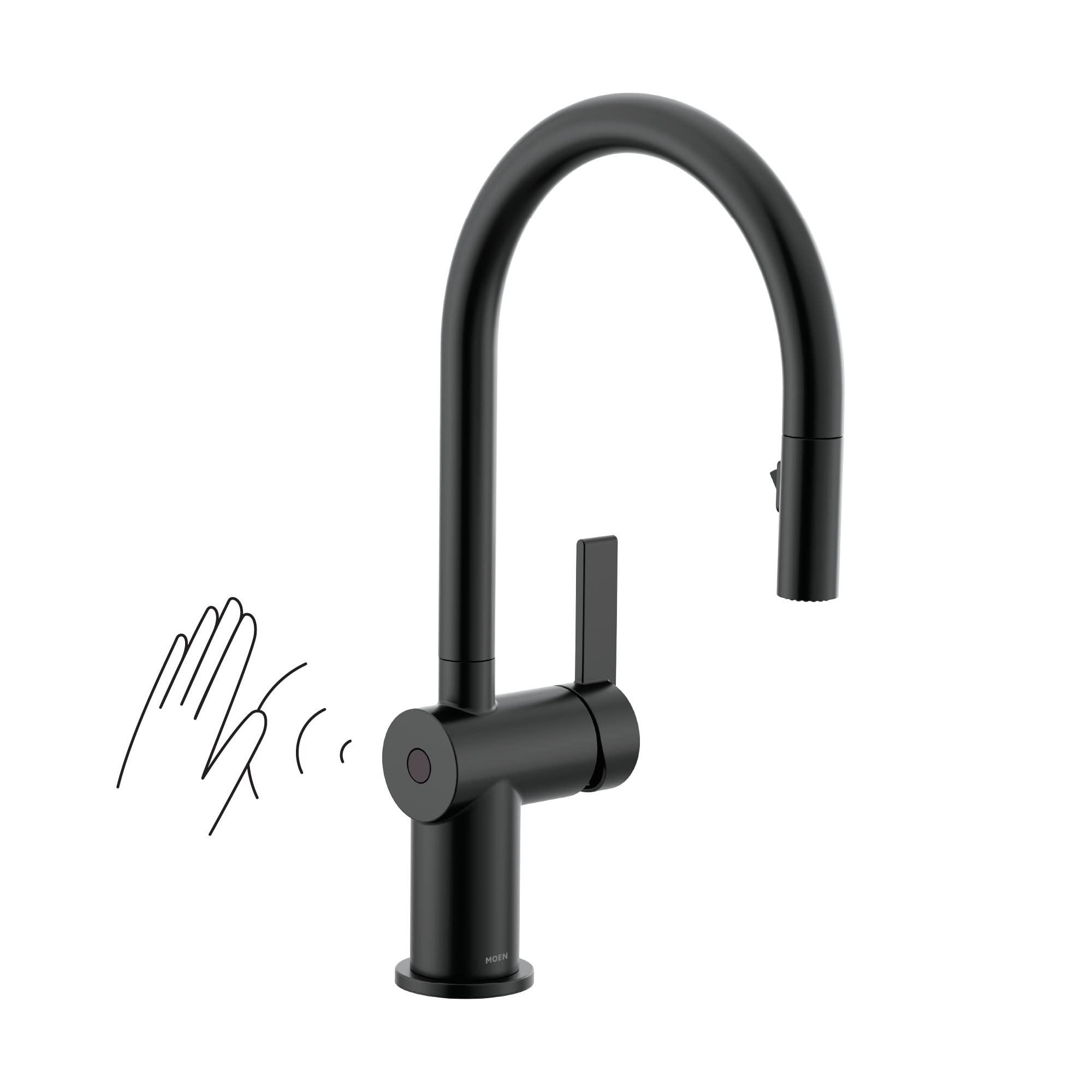 Matte black pulldown kitchen faucet with curved spout, single handle, and motion sensor indicated by hand gesture illustratio