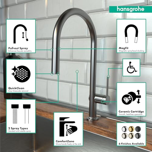 Brushed black chrome high-arc kitchen faucet with pull-down spray head and curved spout over sink.