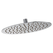 Chrome oval rainshower head with multiple square spray jets and cylindrical arm connector.