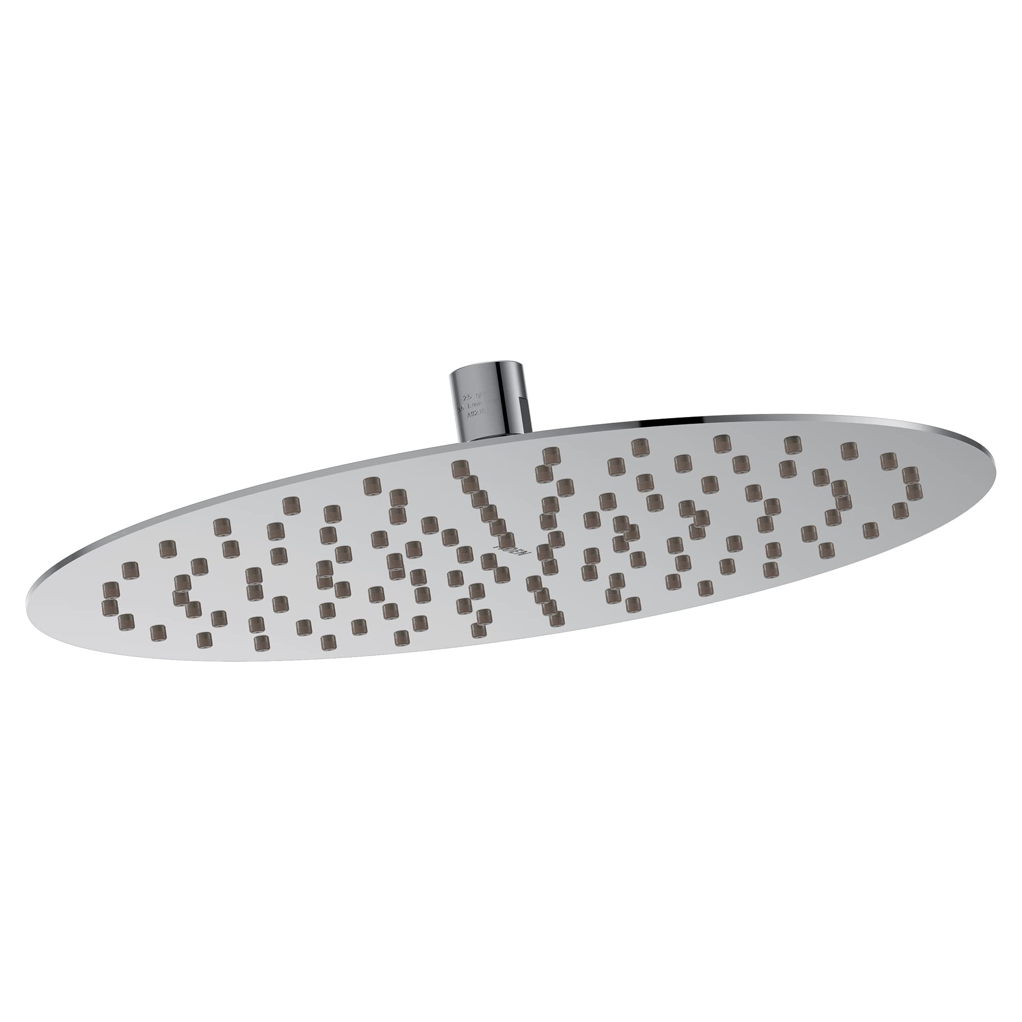 Chrome showerhead with elongated flat design and multiple square spray nozzles throughout the surface.
