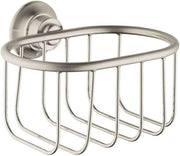 Brushed nickel shower basket with oval rim and vertical wire dividers, mounted on circular wall plate.