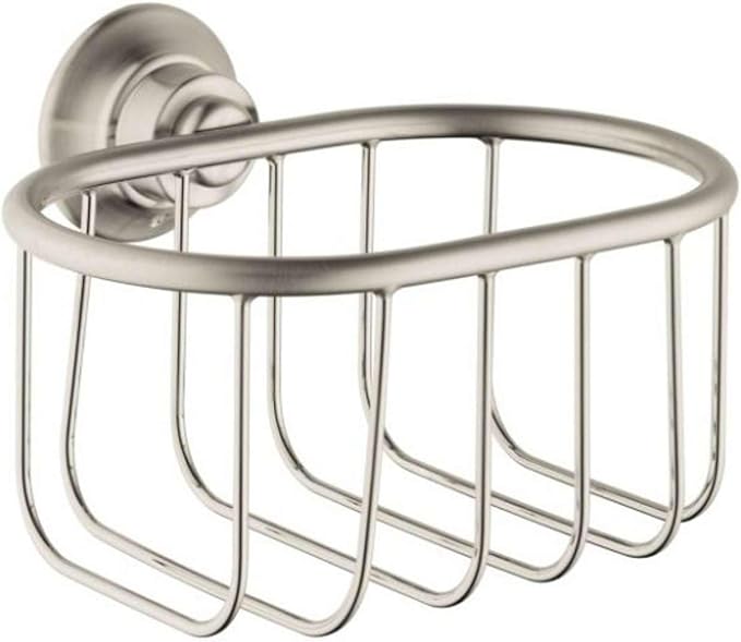 Brushed nickel shower basket with oval rim and vertical wire dividers, mounted on circular wall plate.