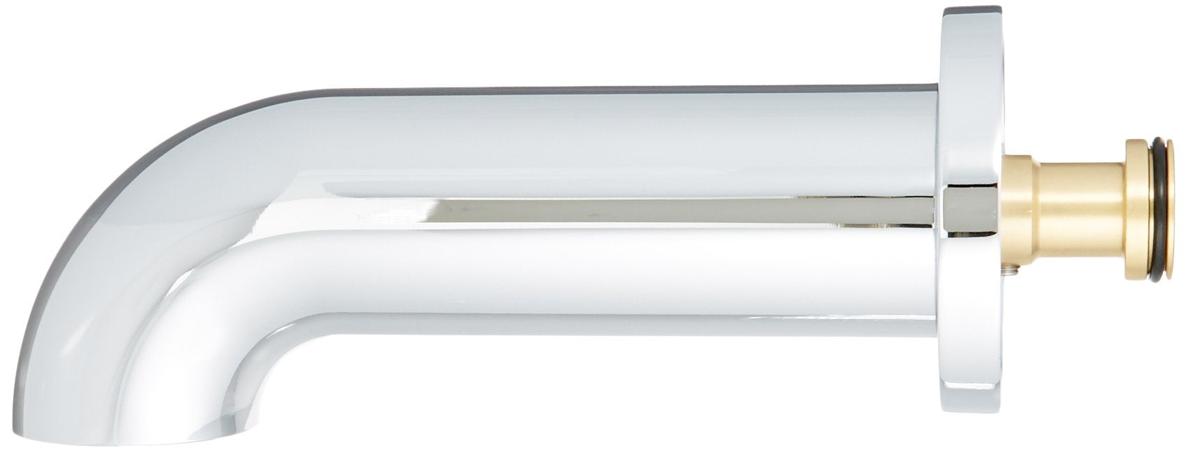 Chrome tub spout with curved outlet and brass wall mounting fitting.