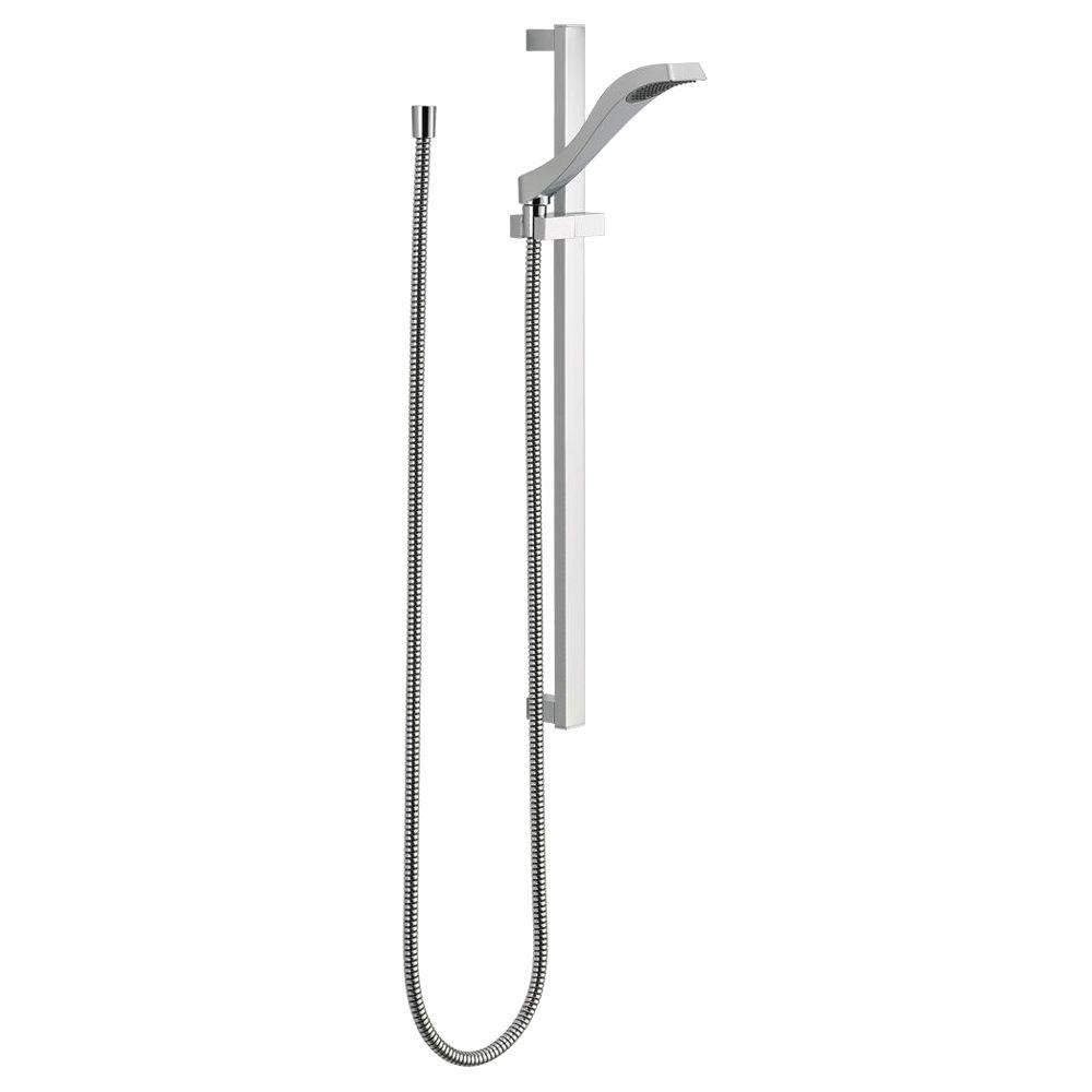 Chrome slide bar hand shower with curved showerhead, vertical rail, and coiled hose connection.