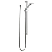 Chrome slide bar hand shower with curved showerhead, vertical rail, and coiled hose connection.