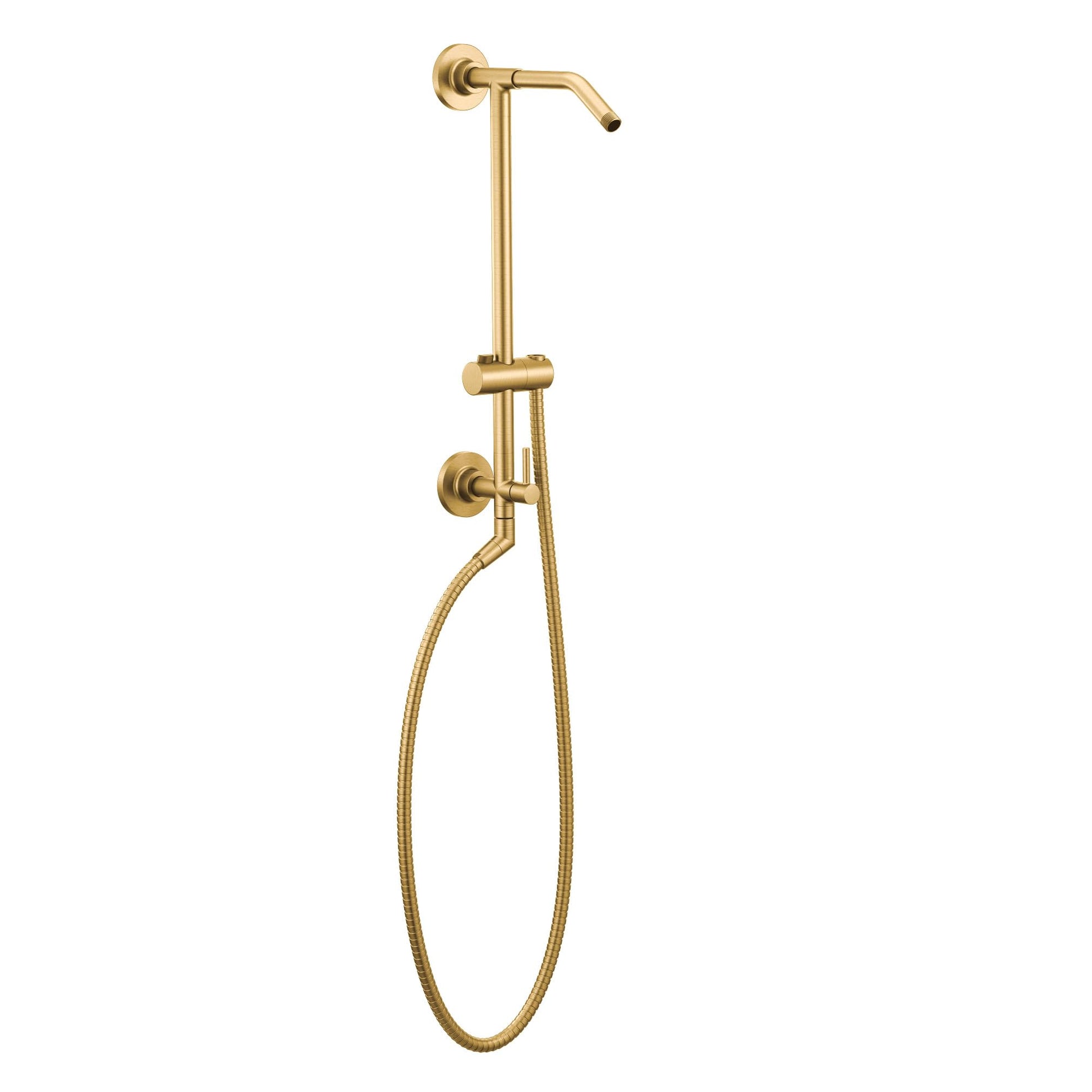 Brushed gold shower slidebar system with fixed overhead spray head, handheld showerhead holder, and flexible hose.