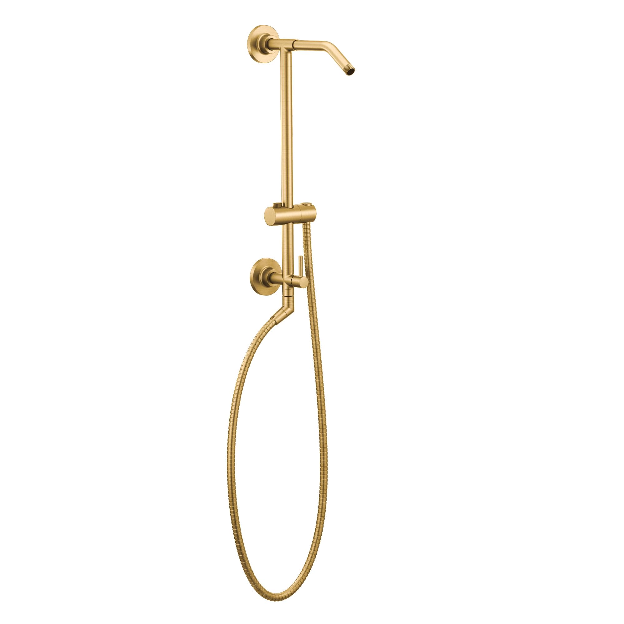 Brushed gold shower slidebar system with fixed overhead spray head, handheld showerhead holder, and flexible hose.