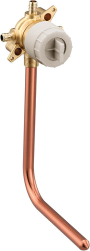 Brass PEX transfer valve adapter with white ceramic cartridge, copper supply line, and mounting flanges.