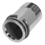 Chrome plated tailpipe assembly with threaded connection and black interior opening.