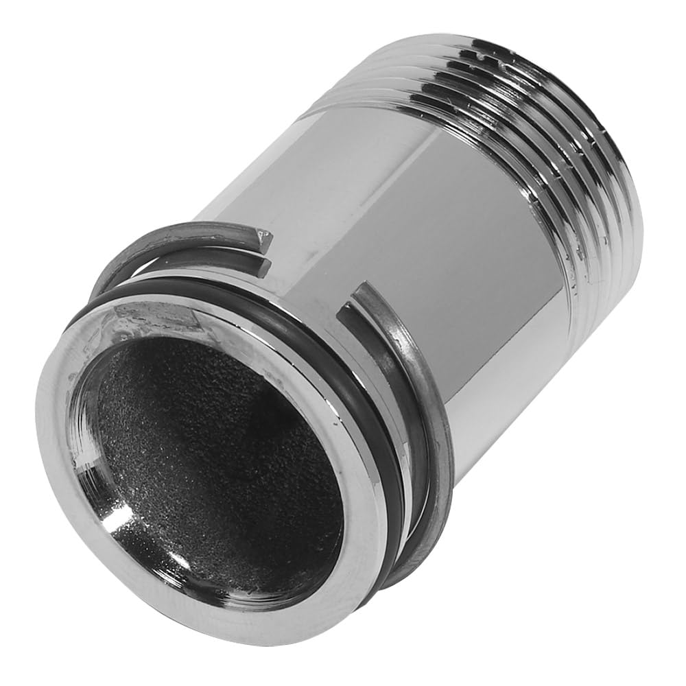 Chrome plated tailpipe assembly with threaded connection and black interior opening.