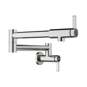 Stainless steel wall-mounted potfiller faucet with articulating arm and lever handle.